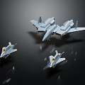 Three Shiny Metallic Fighter Jets Flying In Formation Against Black Background