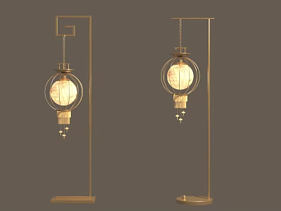 Traditional Chinese Style Floor Lamps With Elegant Golden Frame And Round Lampshade Design 3d model