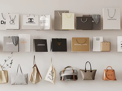 Stylish Branded Bags with Various Styles Colors and Materials Displayed on Wall 3d model