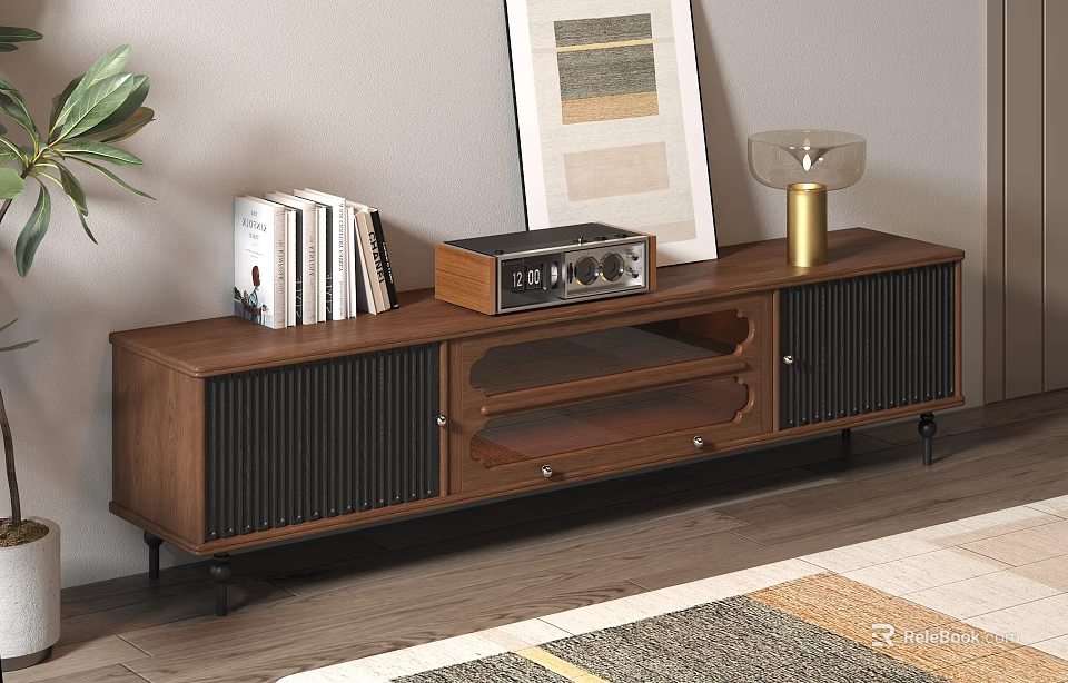 Modern Wooden TV Stand With Books Vintage Radio Gold Lamp And Painting 3d model 