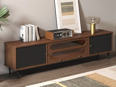 Modern Wooden TV Stand With Books Vintage Radio Gold Lamp And Painting 3d model