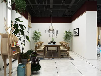 Chinese Style Restaurant Interior With Wooden Tables Chairs Chandelier Green Plants And Decorative Painting 3d model
