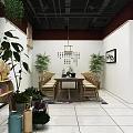 Chinese Style Restaurant Interior With Wooden Tables Chairs Chandelier Green Plants And Decorative Painting