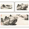 Traditional Chinese Landscape Paintings In Ink Wash Style With Mountains Rivers Mist And Trees