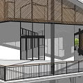 Modern Building Exterior Featuring Wooden Grille Glass Walls Columns Trees And Staircase