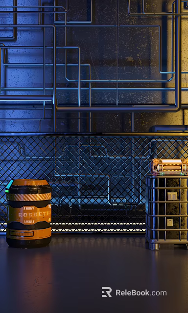 Industrial Factory Interior With Metal Pipes Wire Mesh Fence And Rocket Label Barrel 3d model 