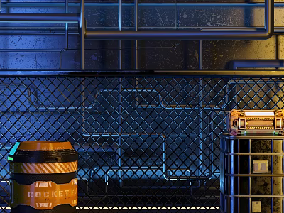 Industrial Factory Interior With Metal Pipes Wire Mesh Fence And Rocket Label Barrel 3d model