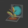 Cartoon Plant With Colorful Leaves Brown Base And Blue Glow On Dark Background With Reflection