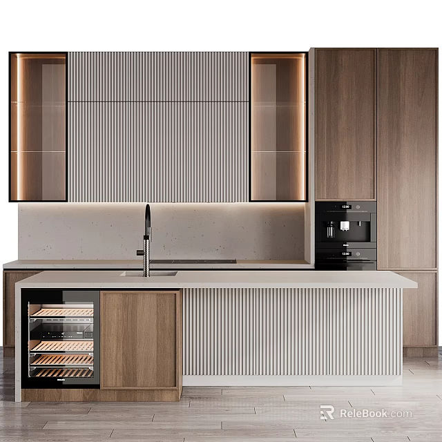 Modern Kitchen Interior With Wooden Cabinets Stone Countertop Island And Appliances 3d model 