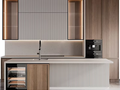 Modern Kitchen Interior With Wooden Cabinets Stone Countertop Island And Appliances 3d model