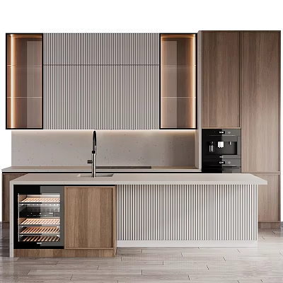 Modern Kitchen Interior With Wooden Cabinets Stone Countertop Island And Appliances 3d model