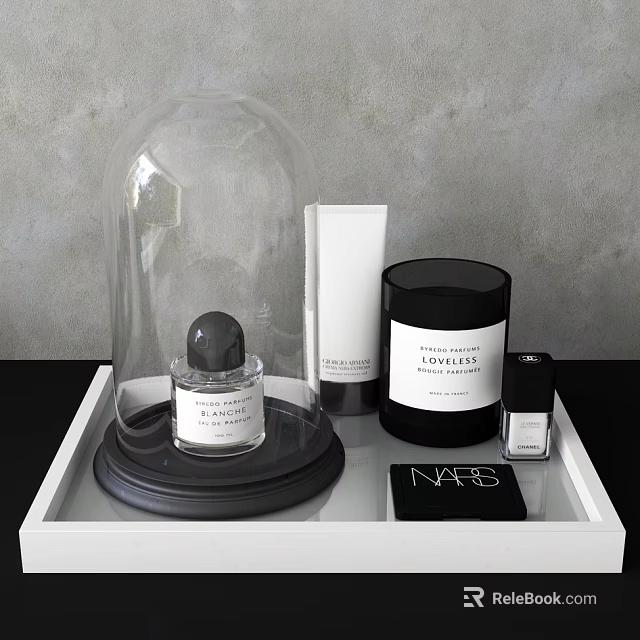 Luxury Perfume Cosmetics On White Tray With Glass Bell Jar And NARS Products 3d model 