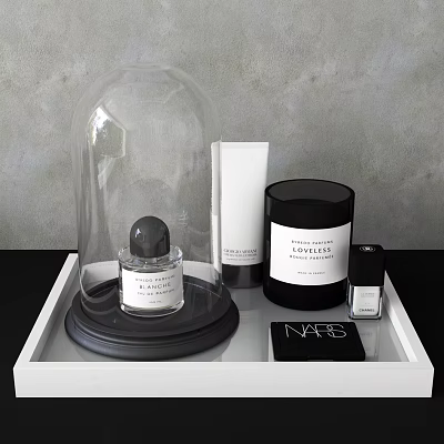 Luxury Perfume Cosmetics On White Tray With Glass Bell Jar And NARS Products 3d model