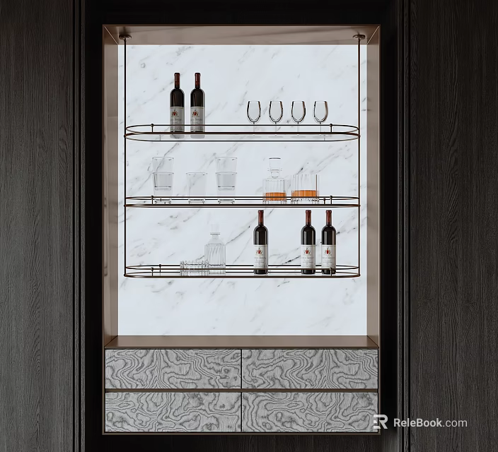 Modern Built in Wine Rack With Wine Bottles Glasses And Marble Background 3d model 