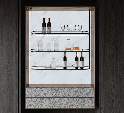 Modern Built in Wine Rack With Wine Bottles Glasses And Marble Background 3d model