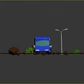 Blue Truck Carrying Colorful Books On Muddy Ground With Street Lamp And Small Plants