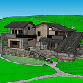Traditional Ancient Building With Stone Walls Sloped Roof And Lush Garden Plants