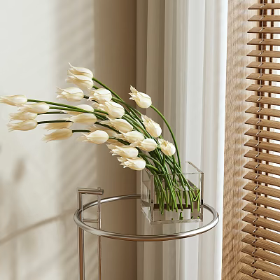 White Tulips in Transparent Square Vase on Metal Side Table with Natural Light 3d model