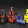 Industrial Storage Drums Featuring Red Blue And Gray Colors Stacked Tilted With Yellow Warning Labels