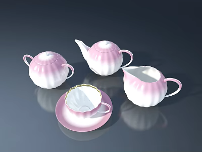 Pink White Ceramic Tea Set With Teapot Sugar Bowl Milk Jug Teacup Saucer Dark Background 3d model