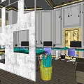 Modern Public Office Space With Open Layout Wooden Floors Pendant Lights And Green Plants