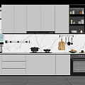 Modern Kitchen Interior With White Cabinets Marble Countertop Hanging Utensils And Black Oven