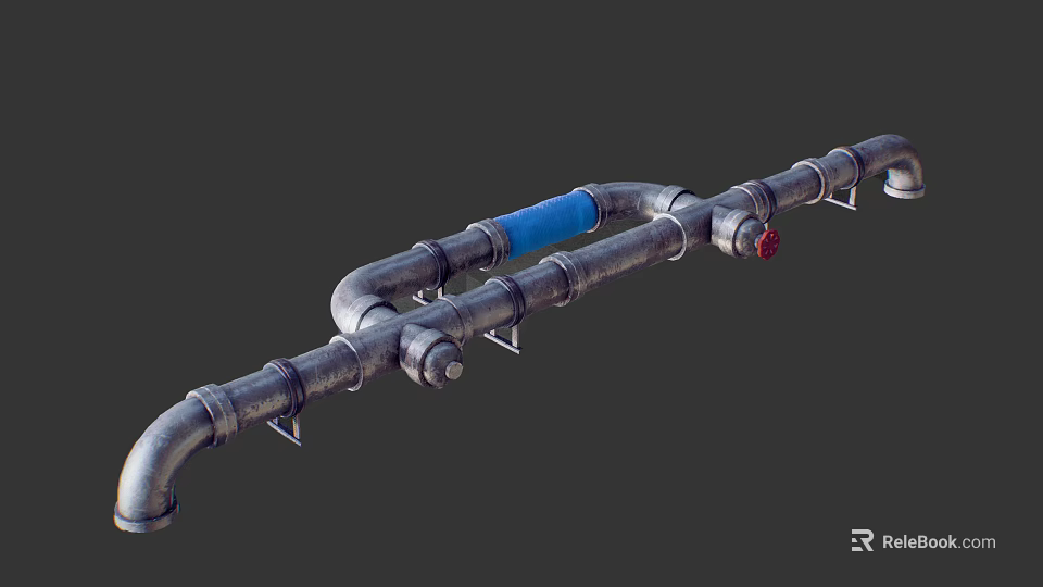 Industrial Metal Pipes with Blue Insulation and Connection Joints on Mounting Brackets 3d model 