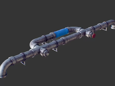 Industrial Metal Pipes with Blue Insulation and Connection Joints on Mounting Brackets 3d model