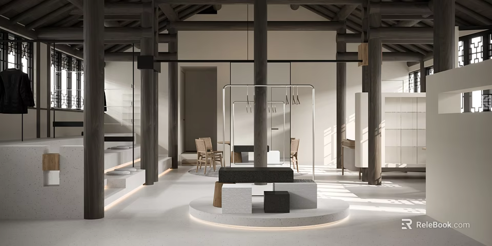 Modern Clothing Store Interior With Open Design Display Racks And Mirrors 3d model 