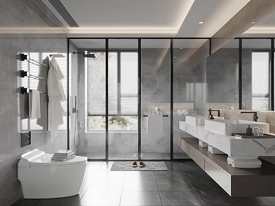 Modern Bathroom Interior With Glass Shower Enclosure Marble Vanity And Bathtub 3d model
