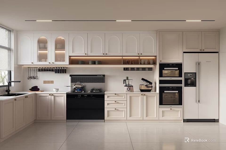 Modern Kitchen Interior With Light Colored Cabinets And Built In Appliances 3d model