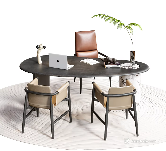 Round Black Desk With Laptop Open Book Telescope Green Plant And Three Brown Beige Chairs 3d model 