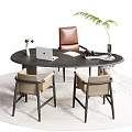 Round Black Desk With Laptop Open Book Telescope Green Plant And Three Brown Beige Chairs