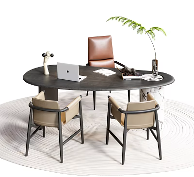 Round Black Desk With Laptop Open Book Telescope Green Plant And Three Brown Beige Chairs 3d model