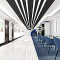 Modern Library Interior With Blue Bookshelves Curved Ceiling Light Strips And White Floor