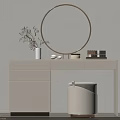 Light Colored Dressing Table with Round Mirror Vase and Gold Base Stool 3d model