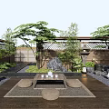 Serene Traditional Garden Courtyard with Wooden Deck Tatami Cushions Stone Lanterns and Green Plants