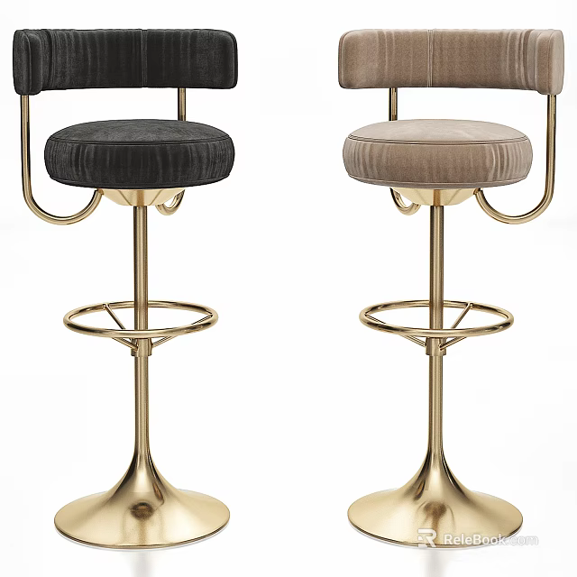 Elegant Modern Bar Stools With Golden Metal Frame And Black Beige Velvet Seats 3d model 