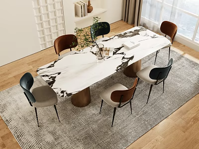 Marble Top Dining Table And Mixed Color Chairs Set In Living Room With Carpet 3d model
