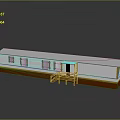Prefabricated Building Exterior Design With White Roof Walls Brown Base Blue Awning And Staircase Entrance