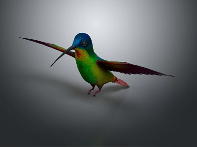 Vibrant Hummingbird with Blue Head and Green Body Spreading Wings in Flight 3d model