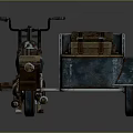 Vintage Blue Brown Motorcycle with Sidecar Rusty Texture and Brown Bags