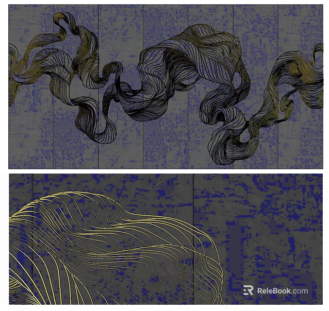 Modern Abstract Background Wall Design With Golden Curved Lines And Blue Textured Surface 3d model 