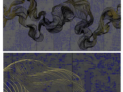 Modern Abstract Background Wall Design With Golden Curved Lines And Blue Textured Surface 3d model