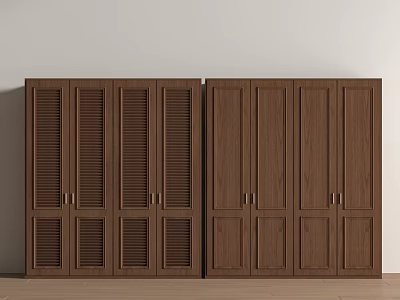 Modern Brown Wooden Wardrobe With Louvered And Panel Doors For Bedroom Interior 3d model