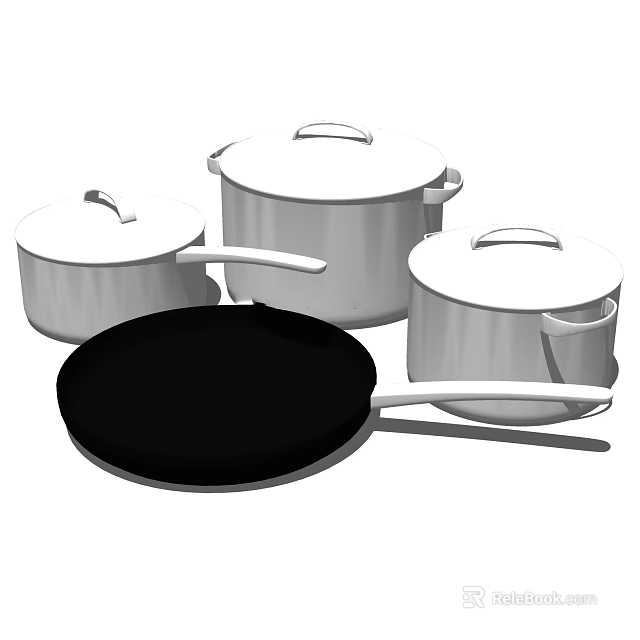 Stainless Steel Cookware Set With Lidded Pots And Black Frying Pan 3d model 