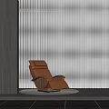 Modern Brown Leather Recliner Chair With Wooden Armrests And White Blinds Interior Background