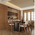 Modern Wooden Dining Room With Table White Chairs Arched Windows And Decorative Shelves