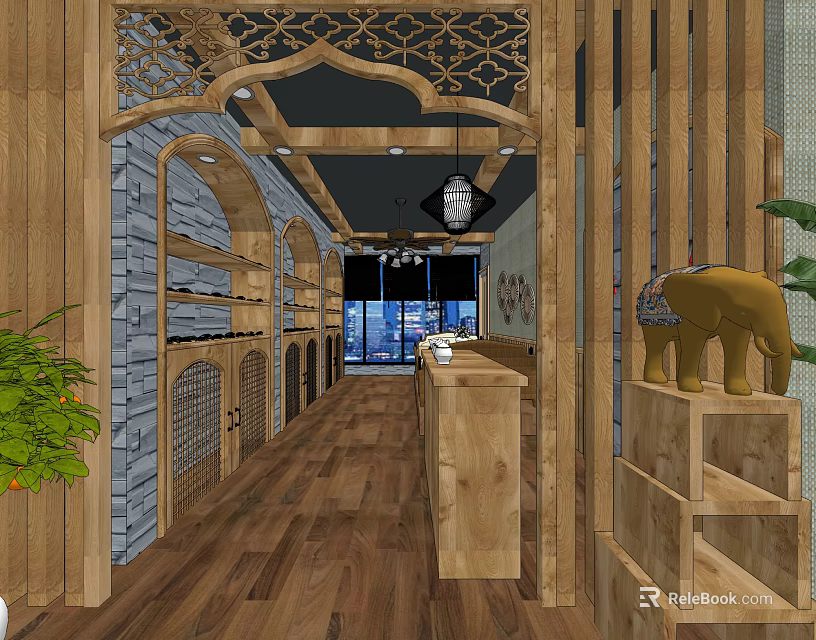 Natural Style Retail Store Interior With Wooden Shelves Counter And Elephant Decor 3d model 