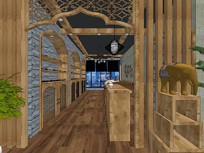 Natural Style Retail Store Interior With Wooden Shelves Counter And Elephant Decor 3d model